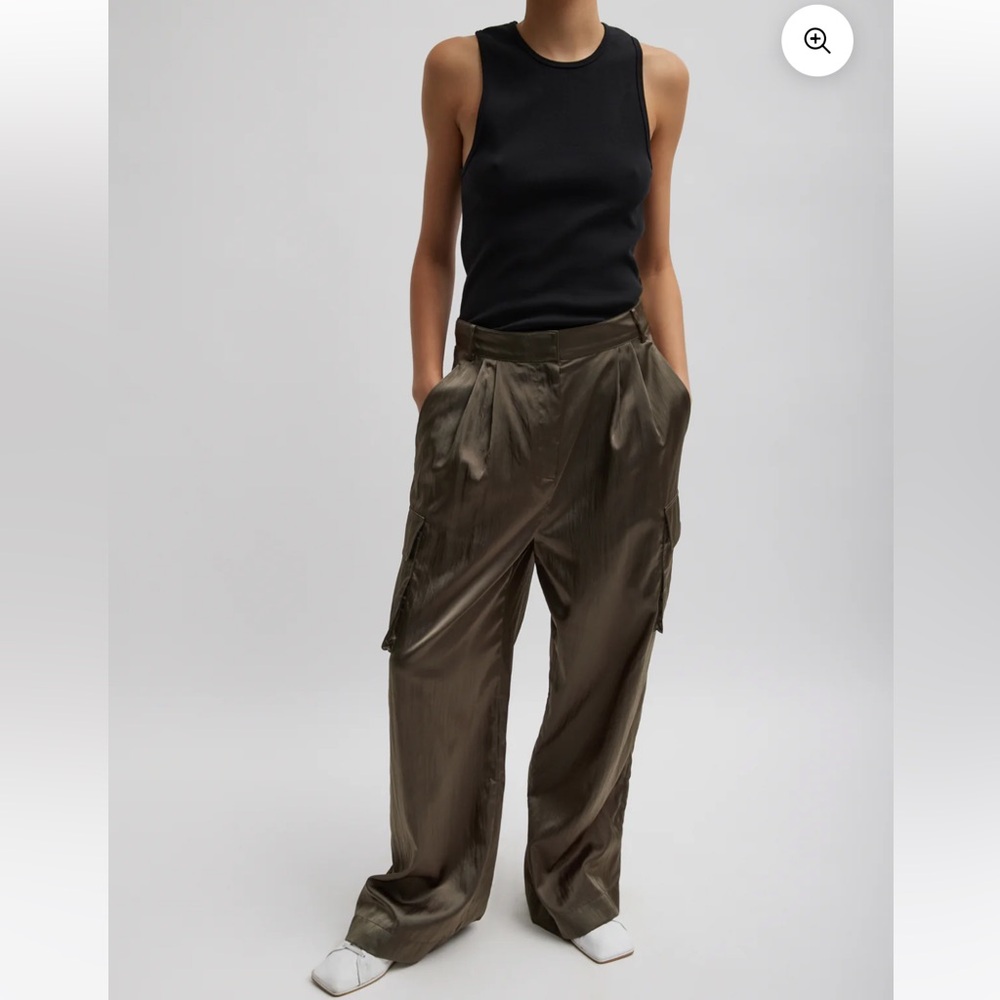 Tibi Shiny Nylon Pleated Stella Cargo Pant Drapey Wide Leg